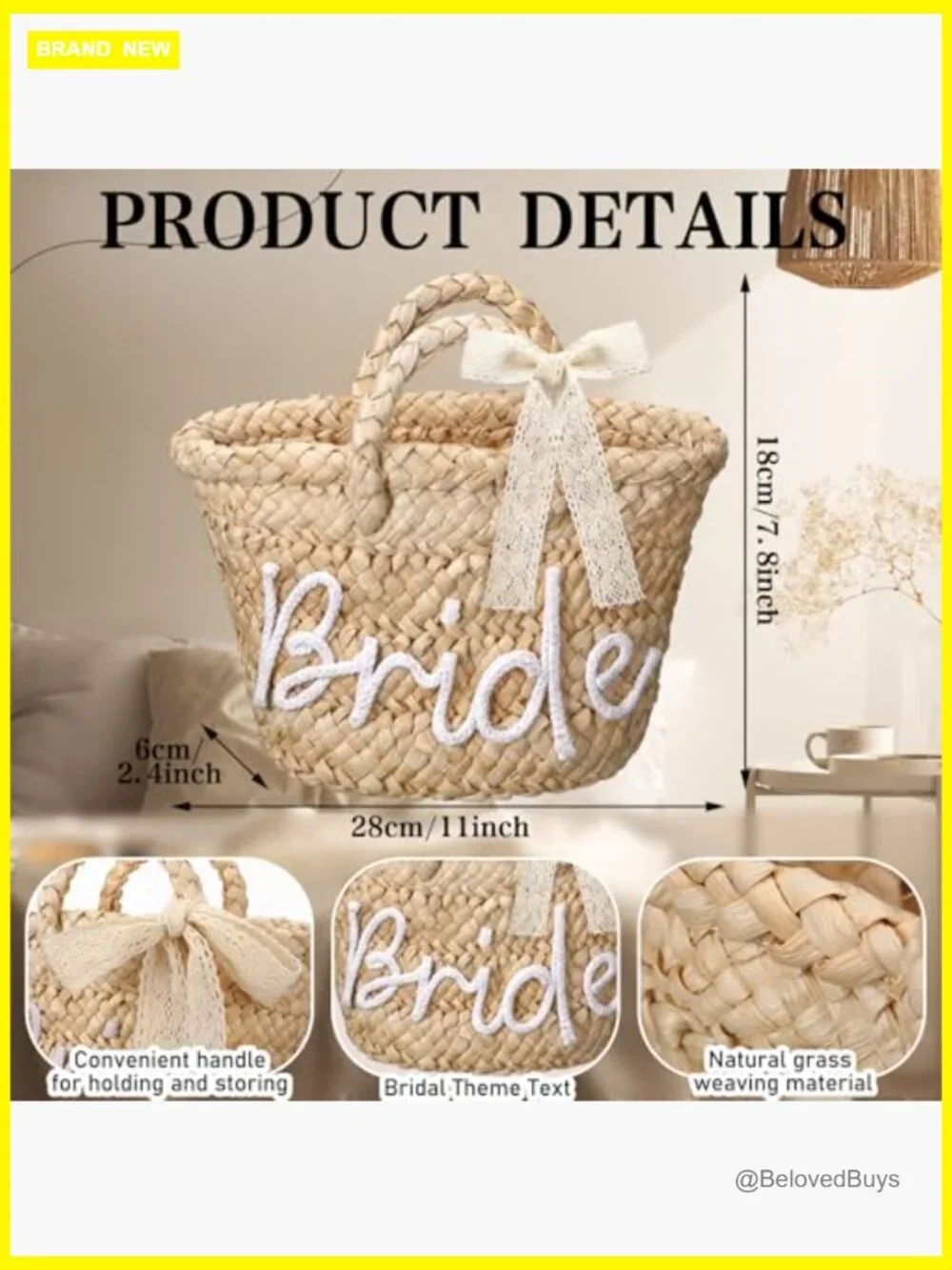 Straw Beach Tote with BRIDE Letters, Bachelorette Wedding Gift Bag - Picture 2 of 7